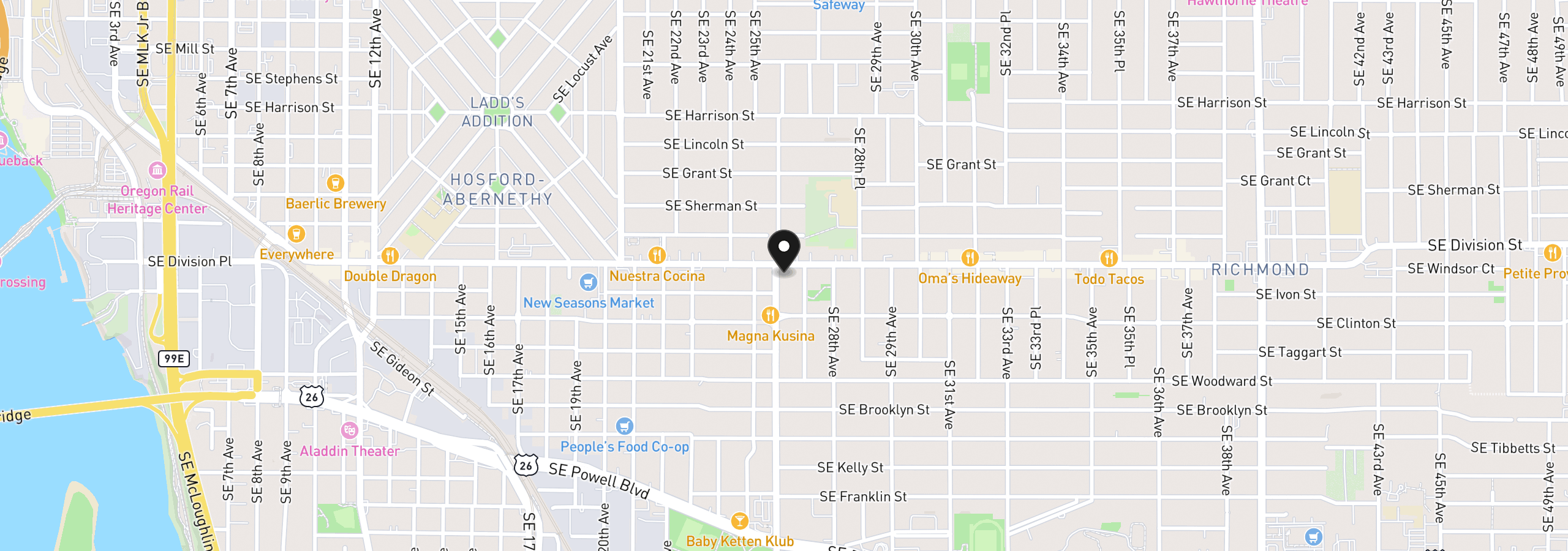 Map showing the location of 2530 SE 26th Ave 407, Portland, OR 97202