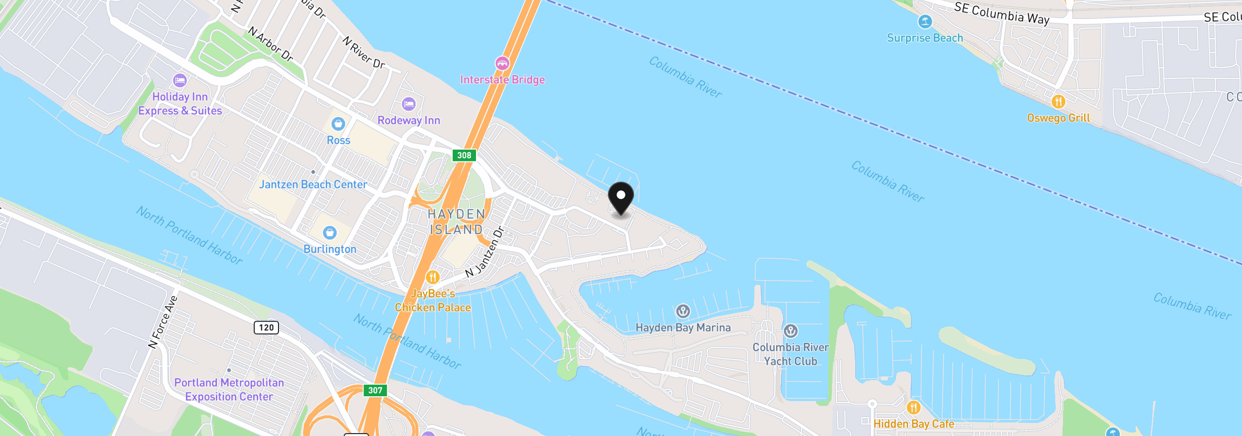 Map showing the location of 707 N Hayden Island Dr 227, Portland, OR 97217