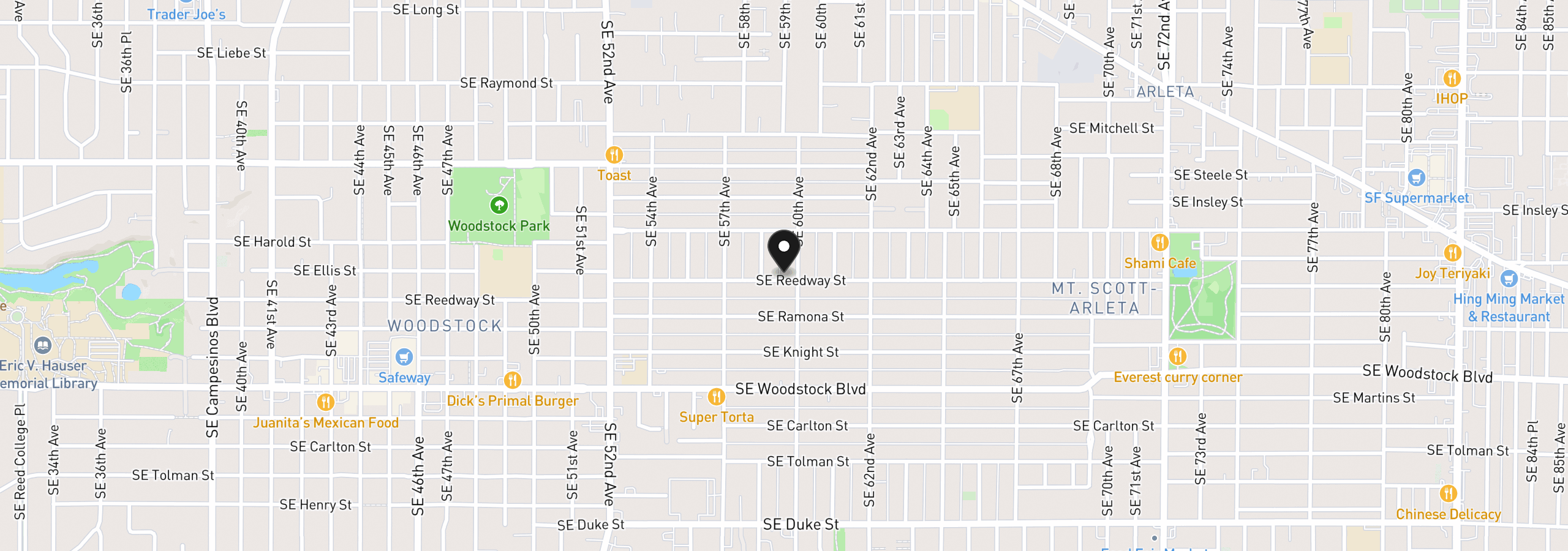 Map showing the location of 5941 SE Reedway St, Portland, OR 97206