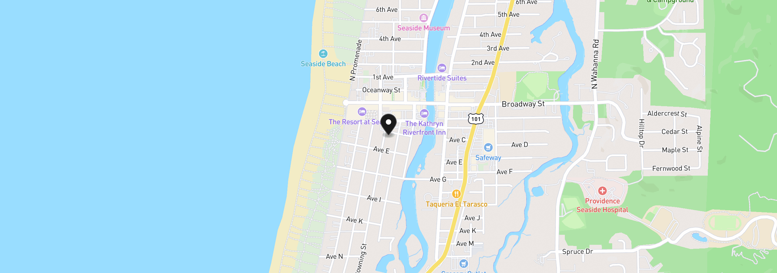 Map showing the location of 305 Avenue C, Seaside, OR 97138