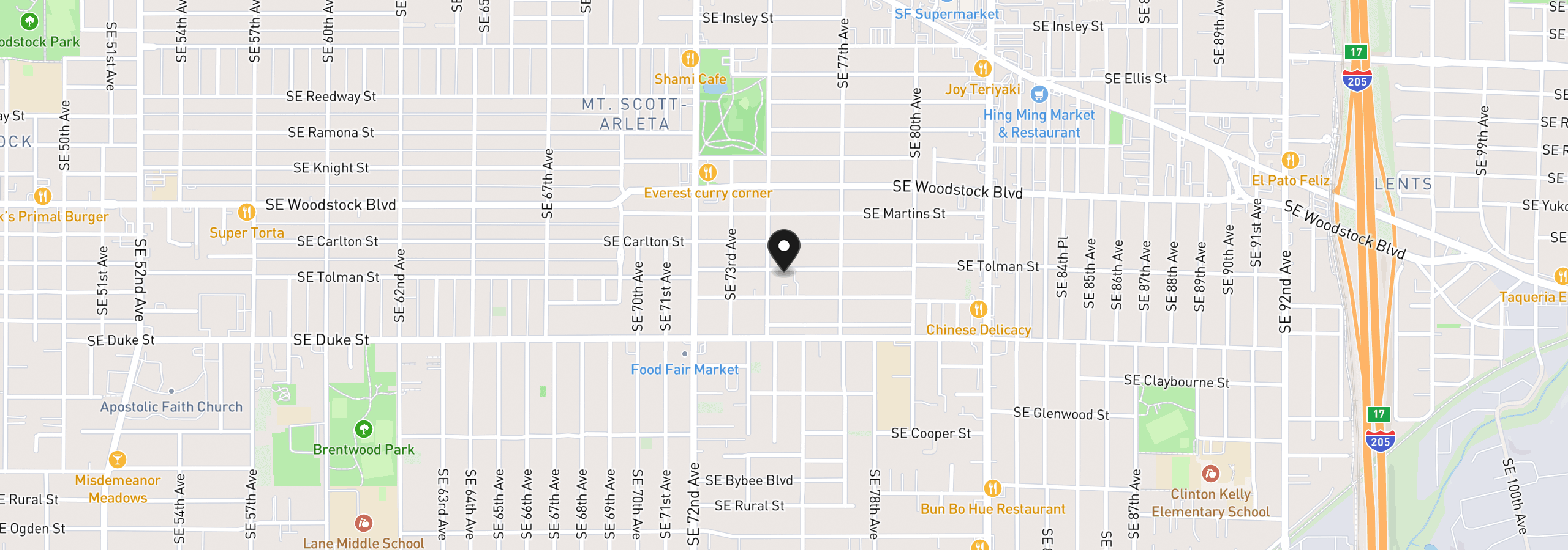 Map showing the location of 7452 SE Tolman St, Portland, OR 97213