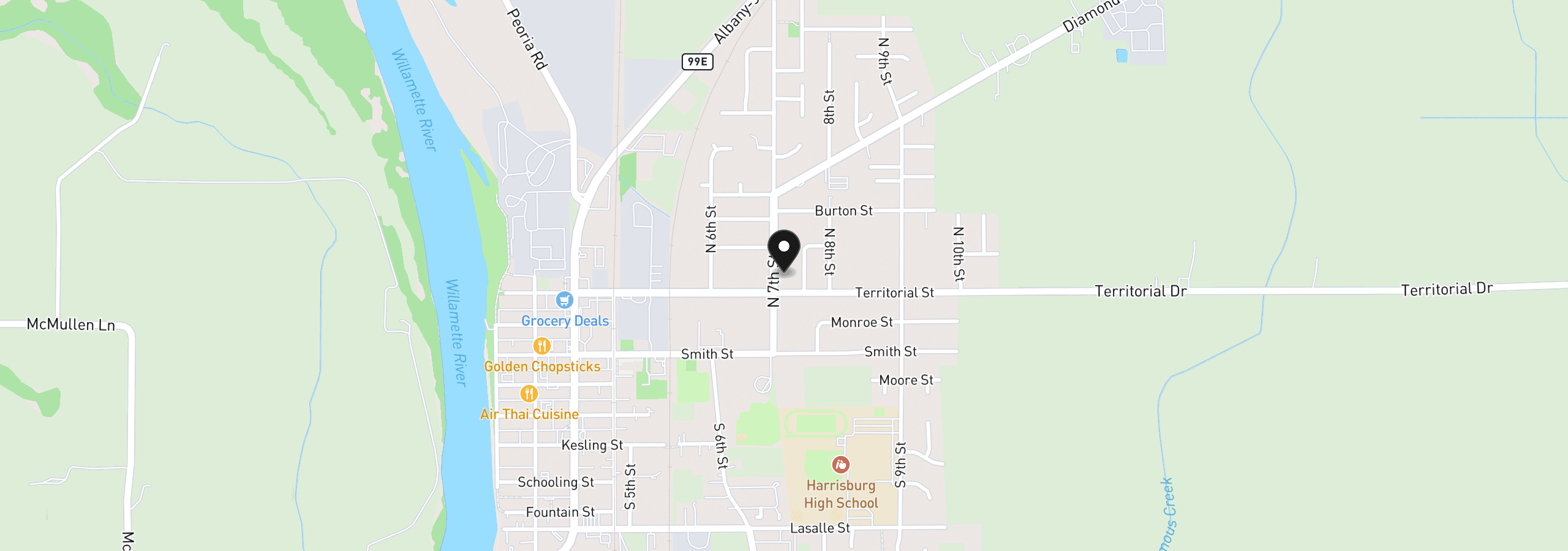 Map showing the location of 340 N 7th St, Harrisburg, OR 97446