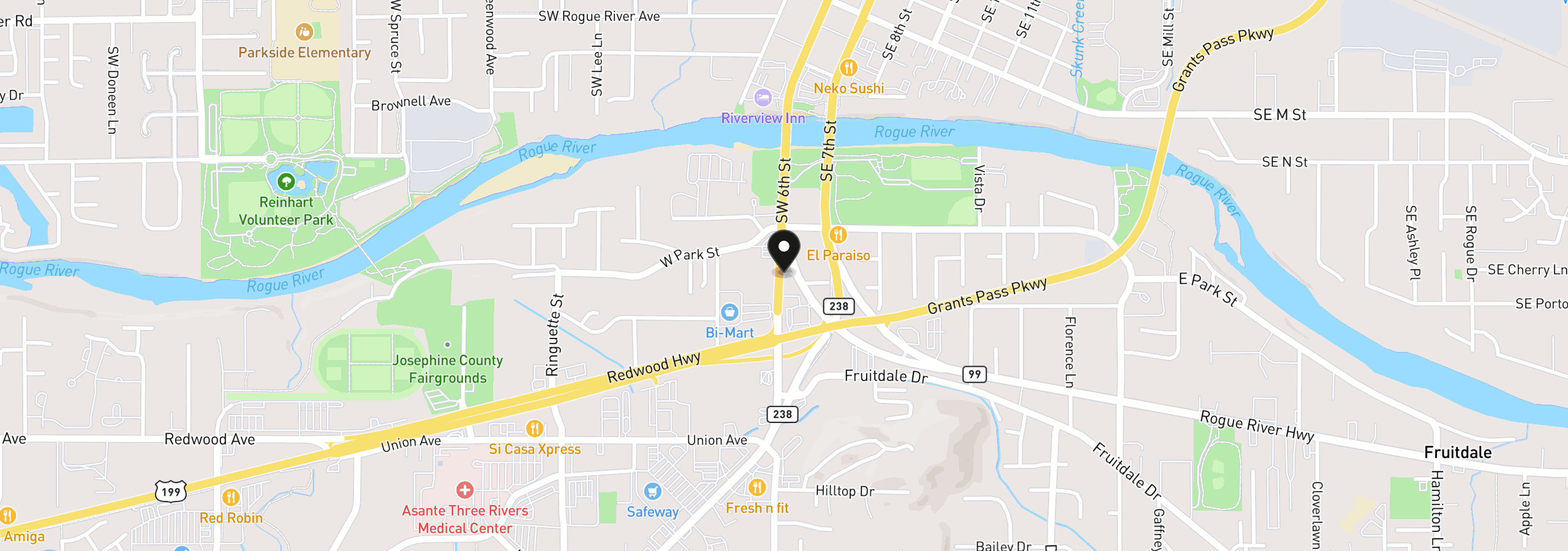 Map showing the location of Redwood Hwy, Grants Pass, OR 97527