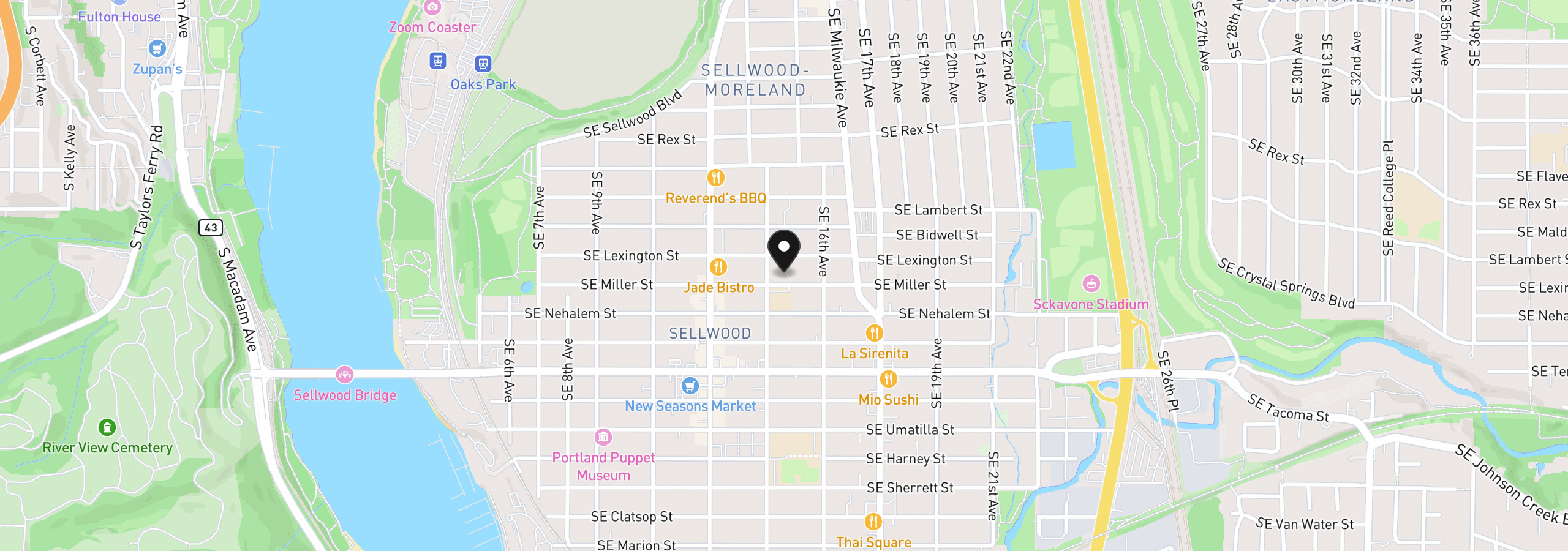Map showing the location of 1525 SE Miller St, Portland, OR 97202