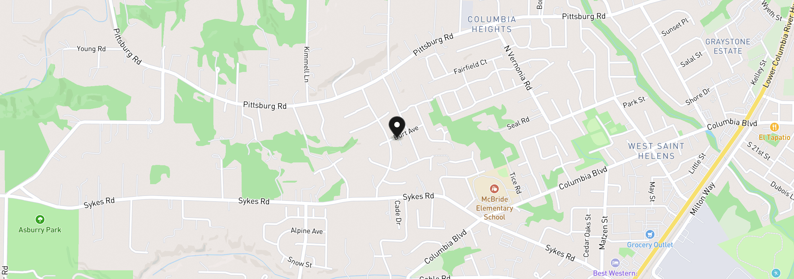 Map showing the location of 34910 Burt Rd, St. Helens, OR 97051