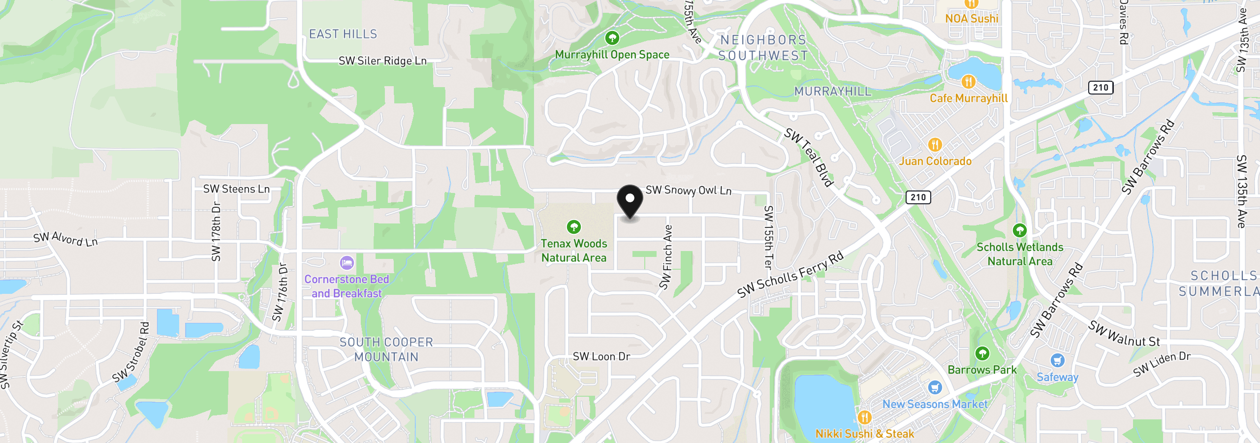 Map showing the location of 16058 SW Thrush Ln, Beaverton, OR 97007