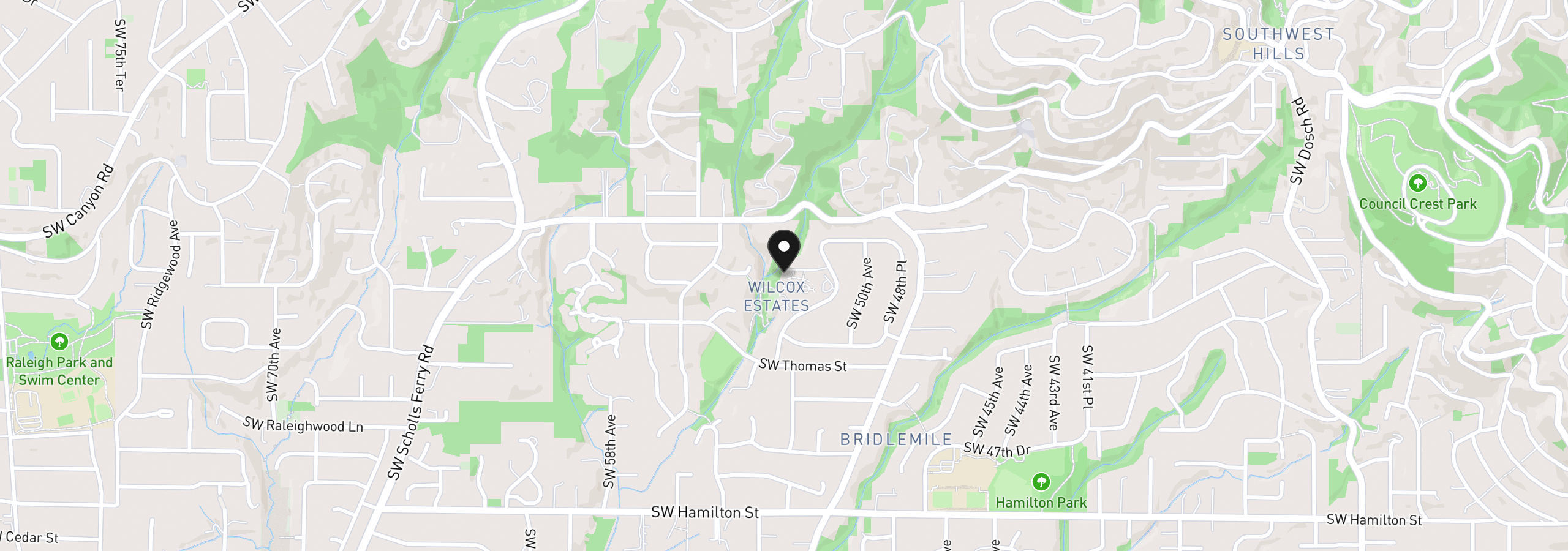 Map showing the location of 3653 SW 52nd Pl, Portland, OR 97221