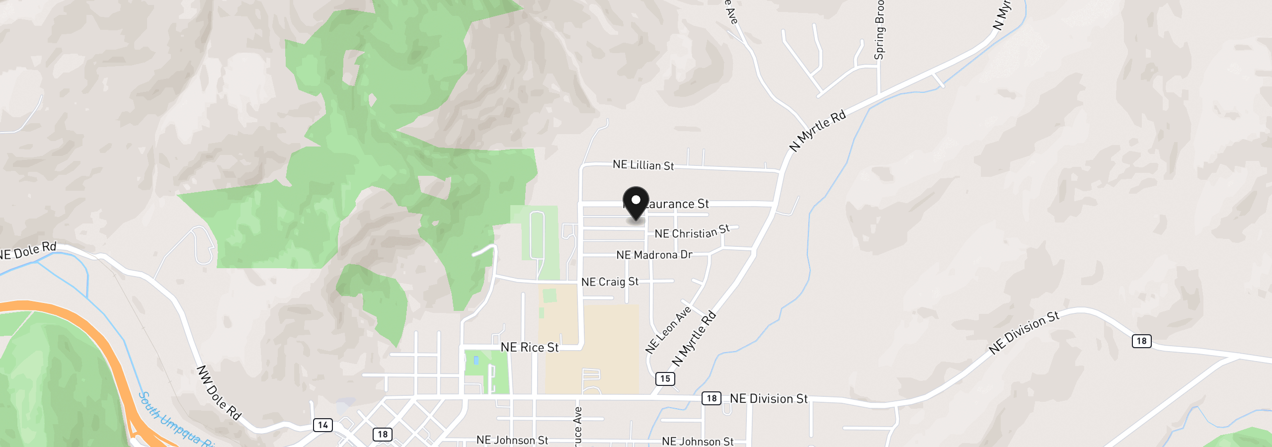Map showing the location of 721 NE Christian St, Myrtle Creek, OR 97457