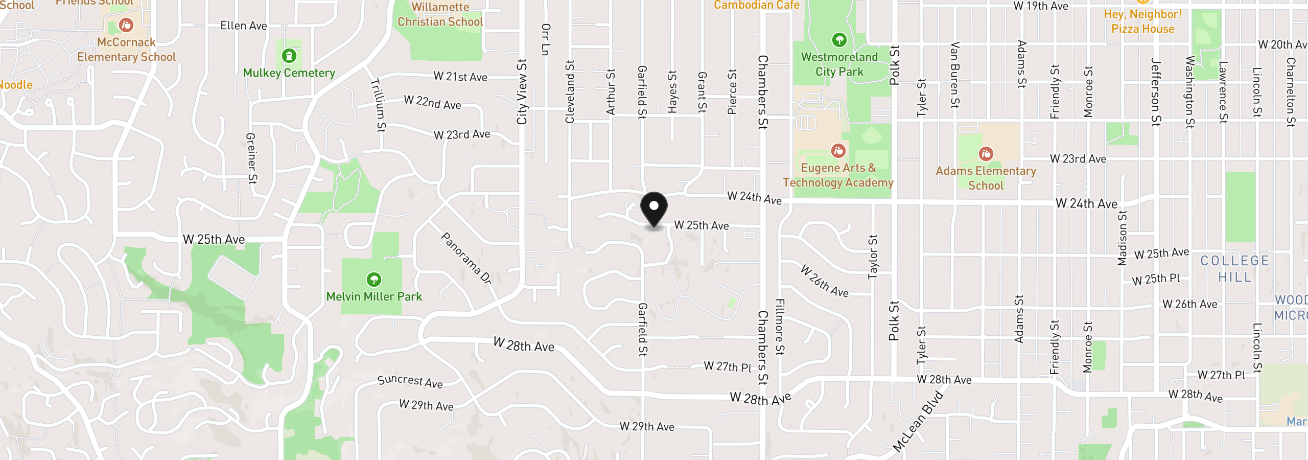 Map showing the location of 1960 W 25th Ave, Eugene, OR 97405