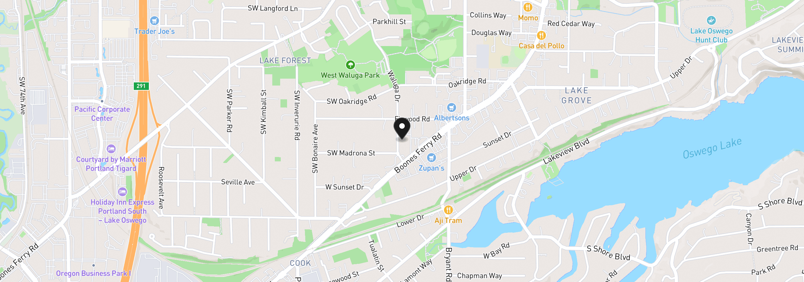 Map showing the location of 16200 Waluga Dr, Lake Oswego, OR 97035