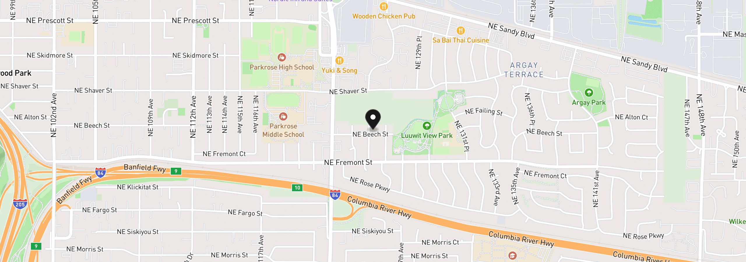 Map showing the location of 12509 NE Beech St, Portland, OR 97230