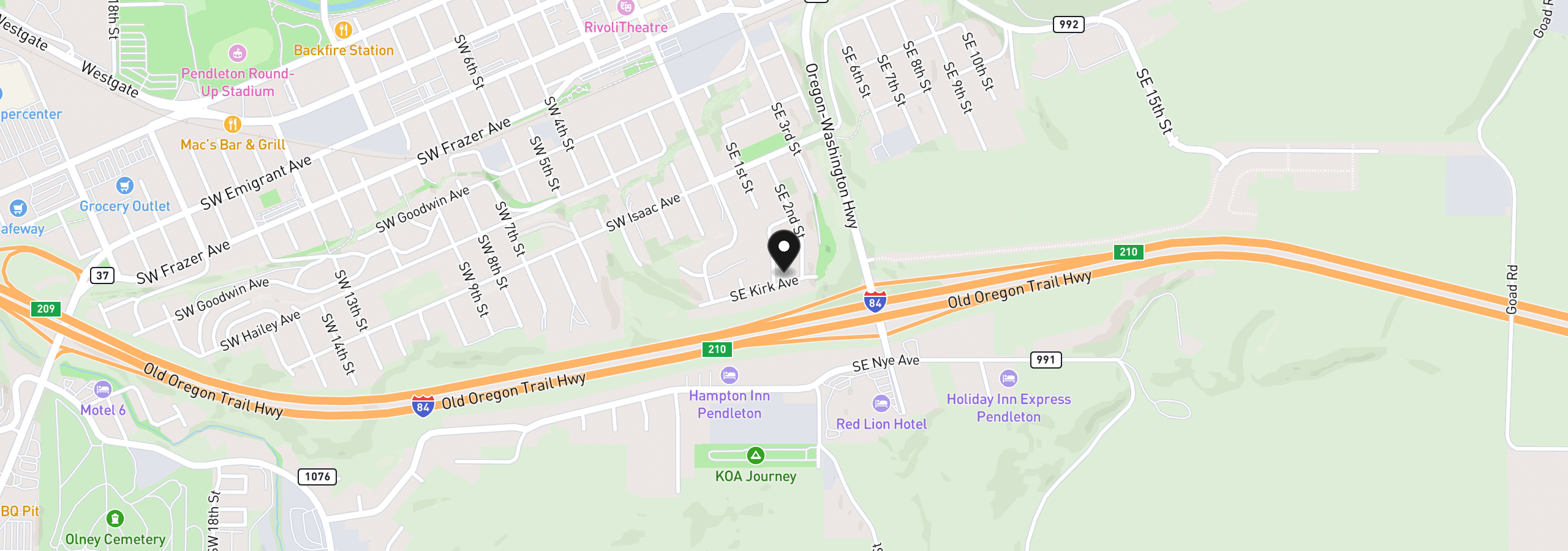 Map showing the location of 105 SE Kirk Ave, Pendleton, OR 97801