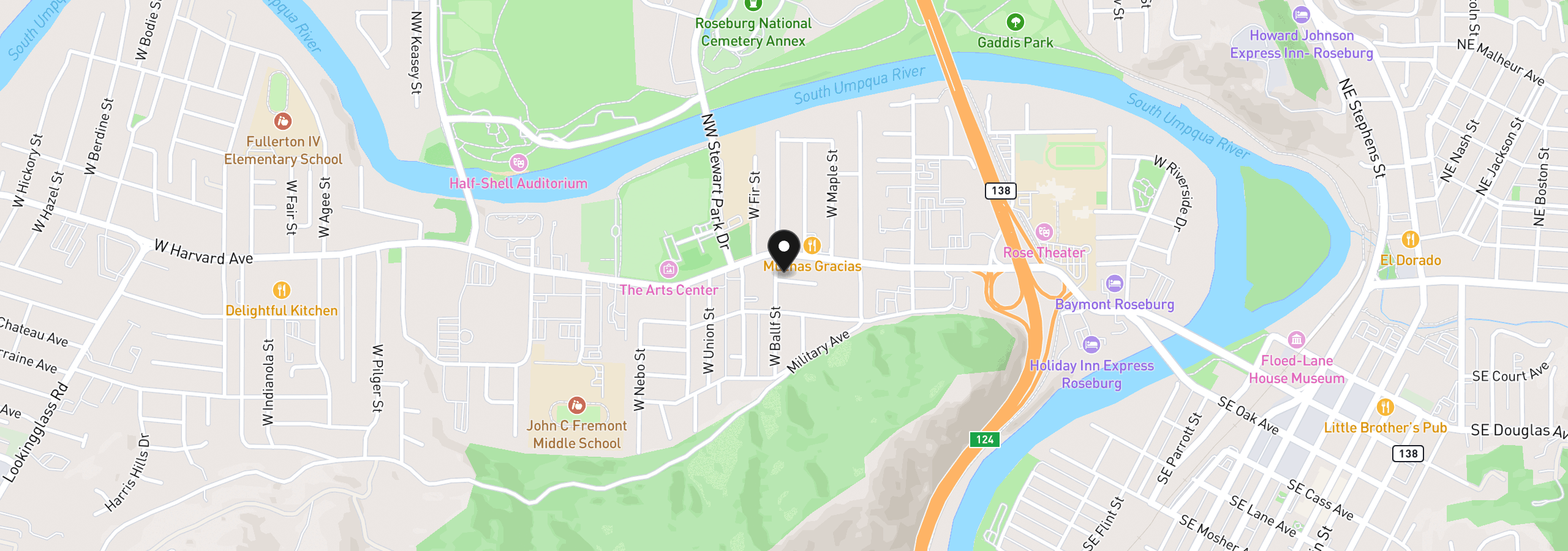 Map showing the location of 641 W Ballf St, Roseburg, OR 97471