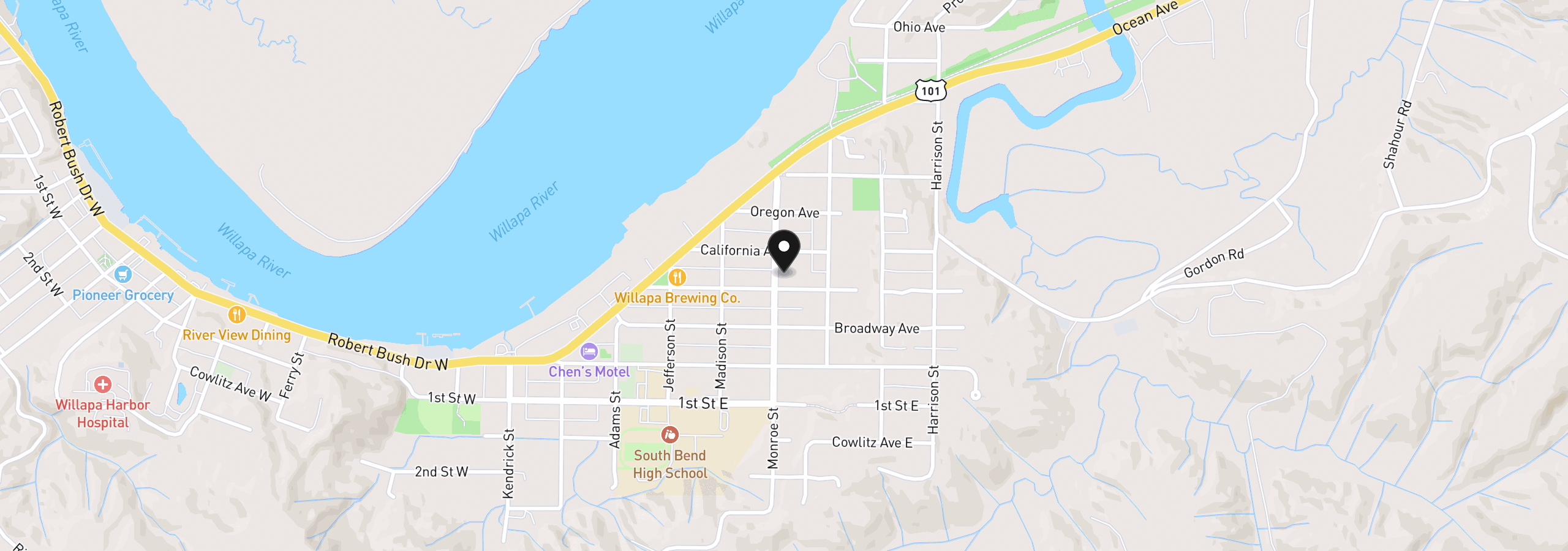 Map showing the location of 303 Monroe St, South Bend, Wa 98586