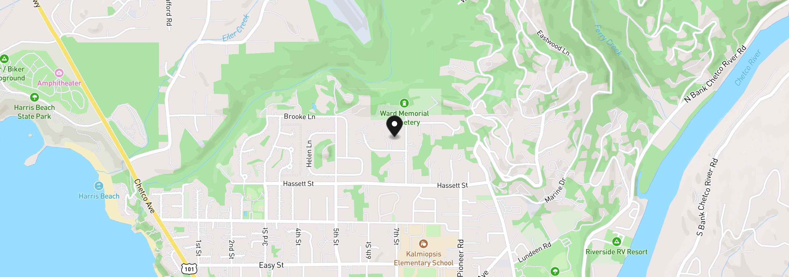 Map showing the location of 1011 7th St, Brookings, OR 97415