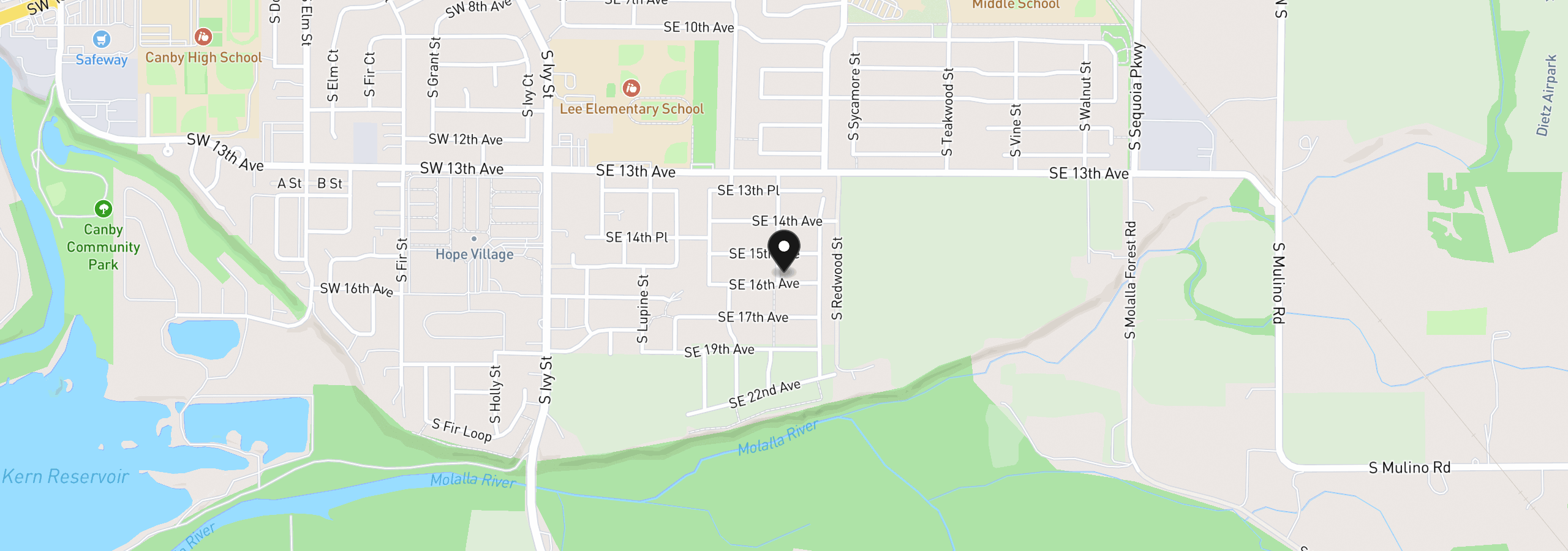 Map showing the location of 1308 SE 16th Ave, Canby, OR 97013