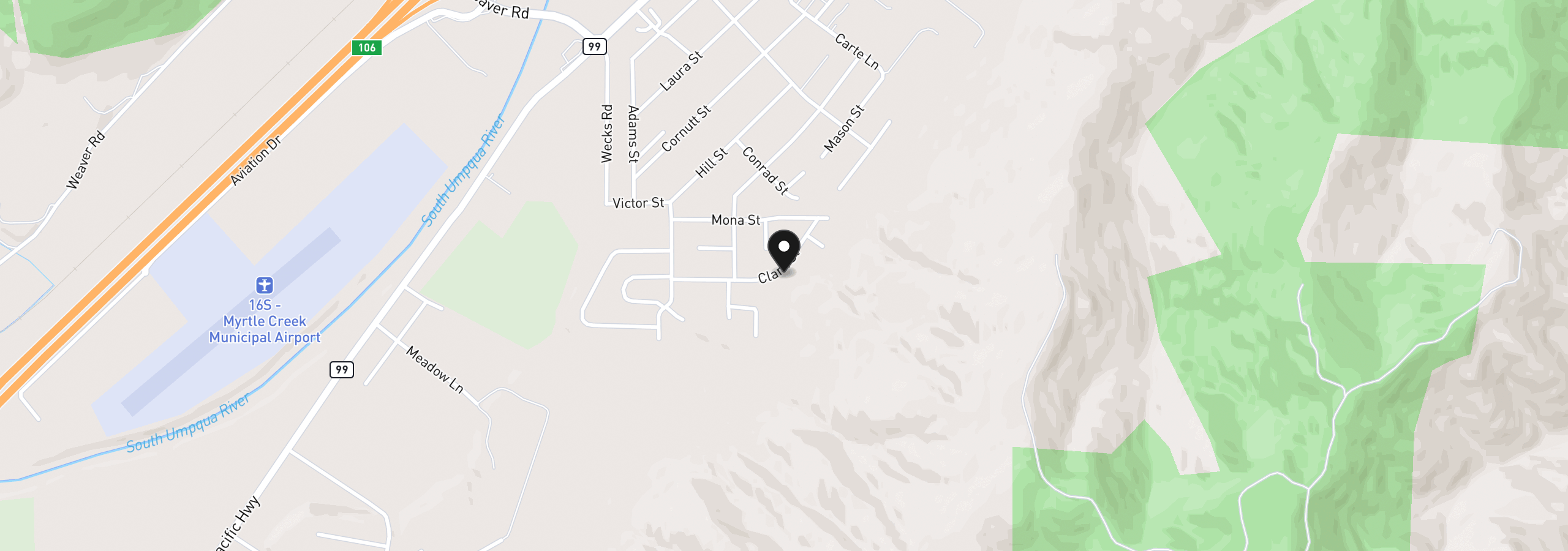 Map showing the location of 281 Clark St, Myrtle Creek, OR 97457