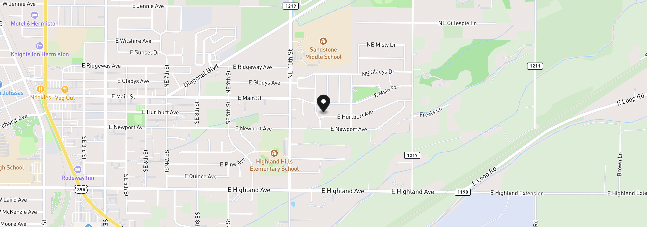 Map showing the location of 1115 E Hurlburt Ave, Hermiston, OR 97838