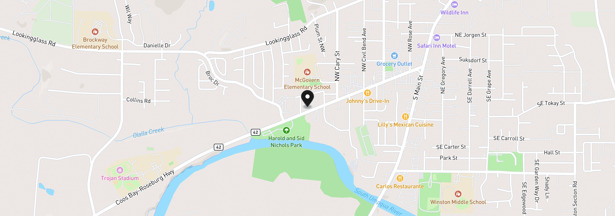 Map showing the location of 591 NW Douglas Blvd, Winston, OR 97496