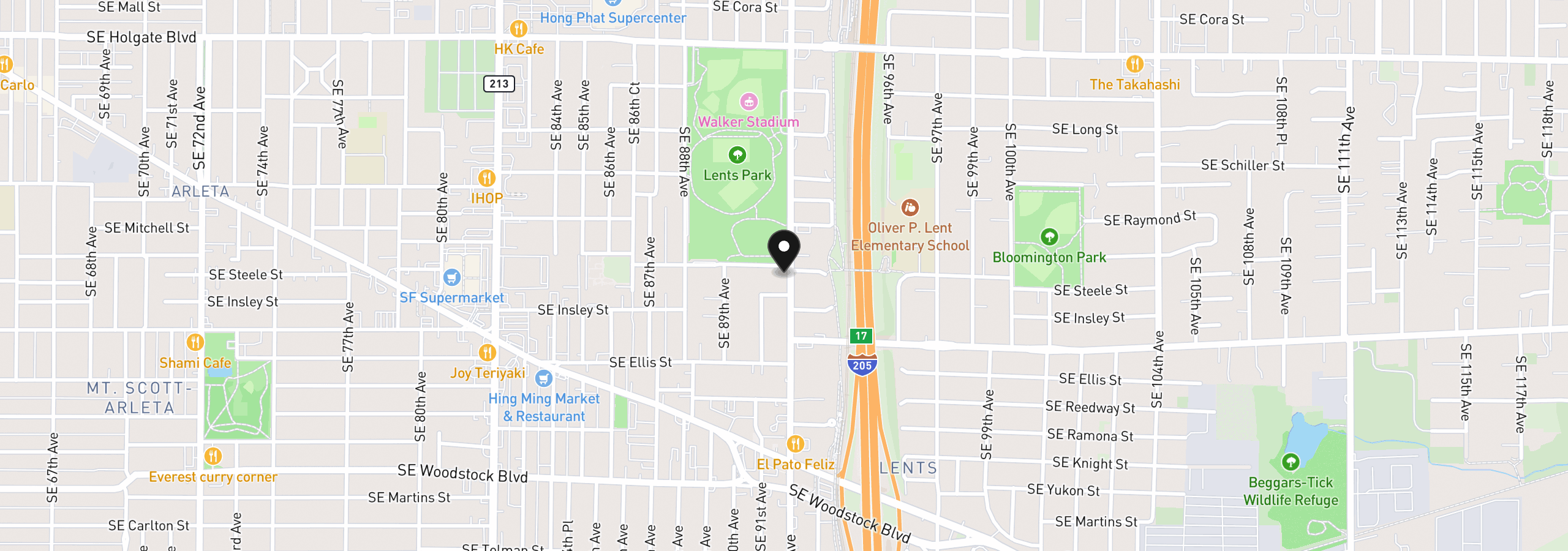 Map showing the location of 9136 SE Steele St, Portland, OR 97266