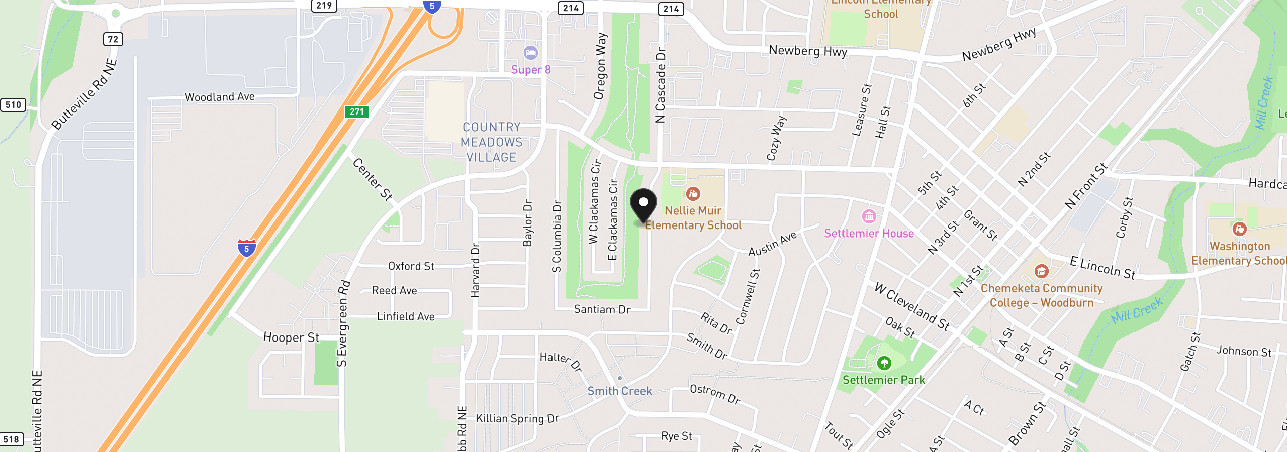 Map showing the location of 401 S Cascade Dr, Woodburn, OR 97071