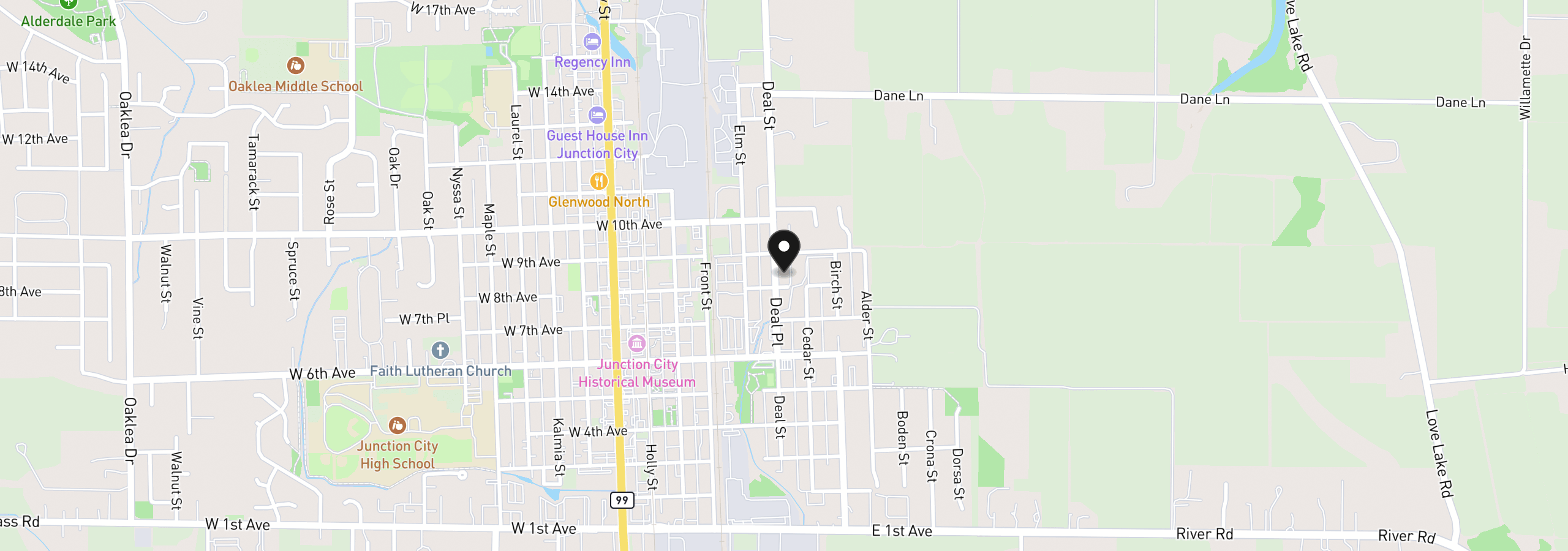 Map showing the location of 830 Deal St, Junction City, OR 97448