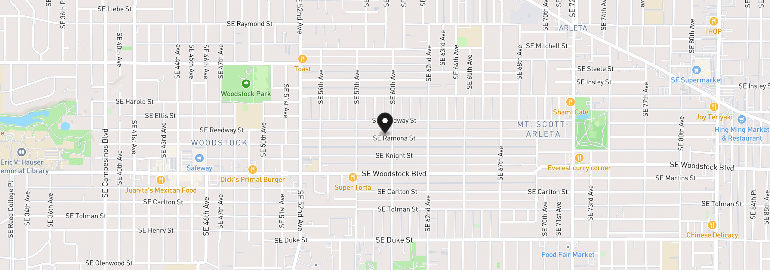 Map showing the location of 5793 SE Ramona St, Portland, OR 97206