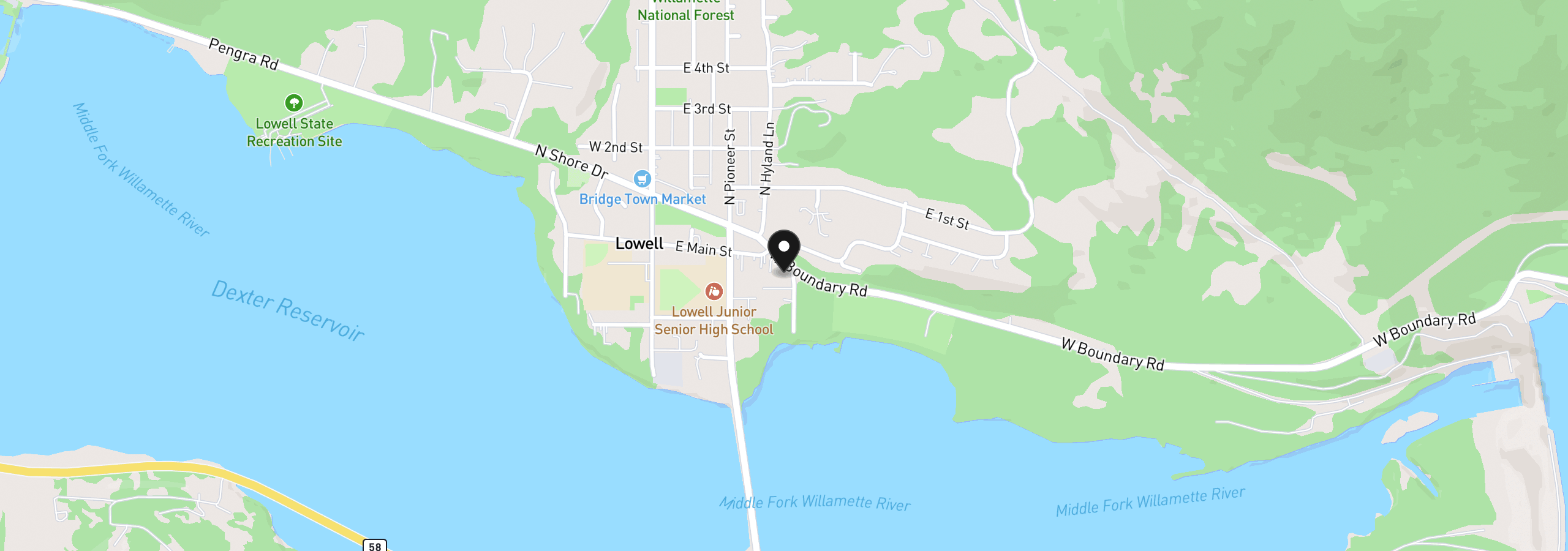 Map showing the location of 374 E Main St, Lowell, OR 97452