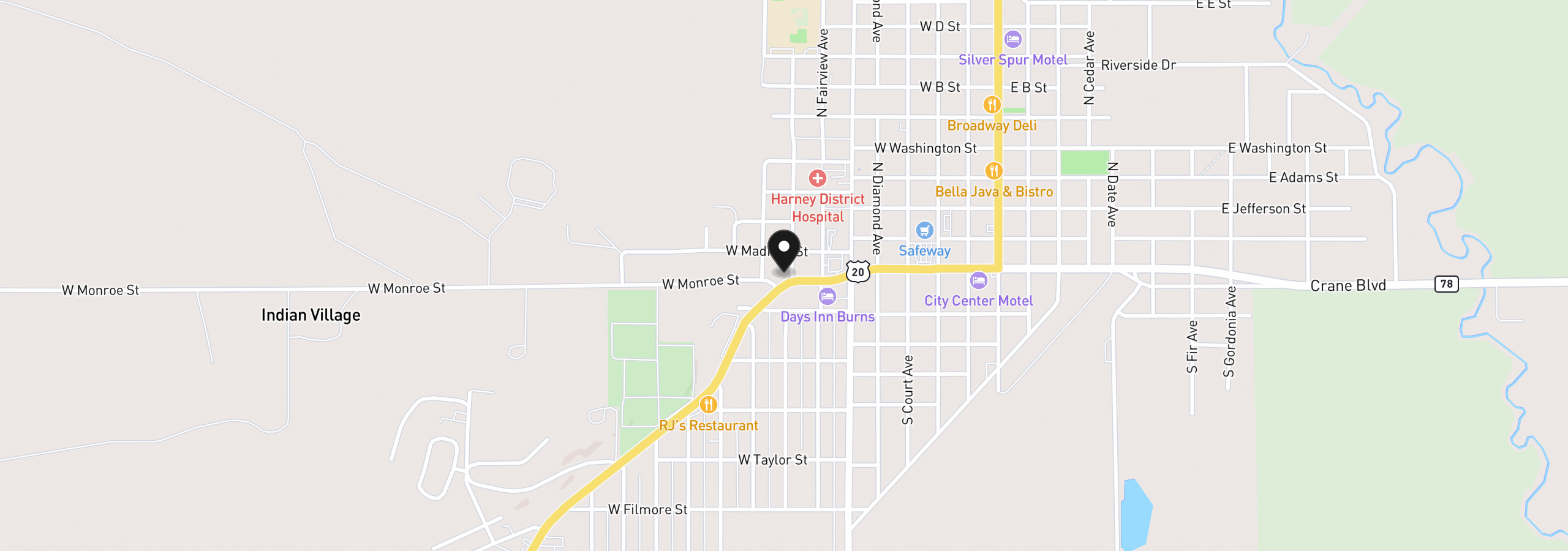 Map showing the location of 36 N Grand Ave, Burns, OR 97720