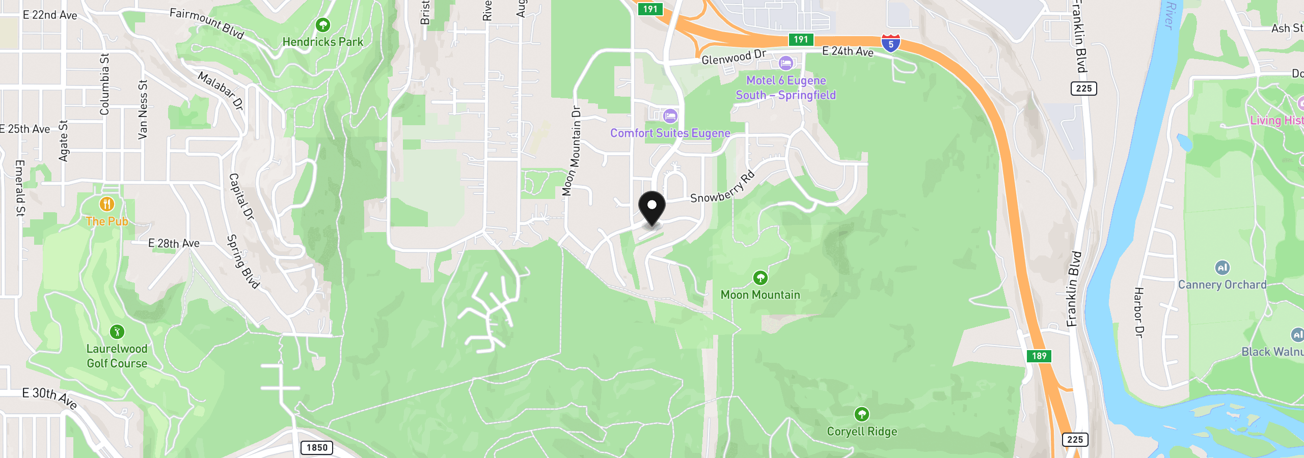 Map showing the location of 2610 Waterlily Dr, Eugene, OR 97403