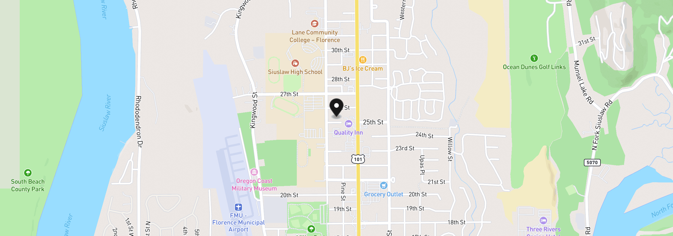 Map showing the location of 1677 25th St, Florence, OR 97439