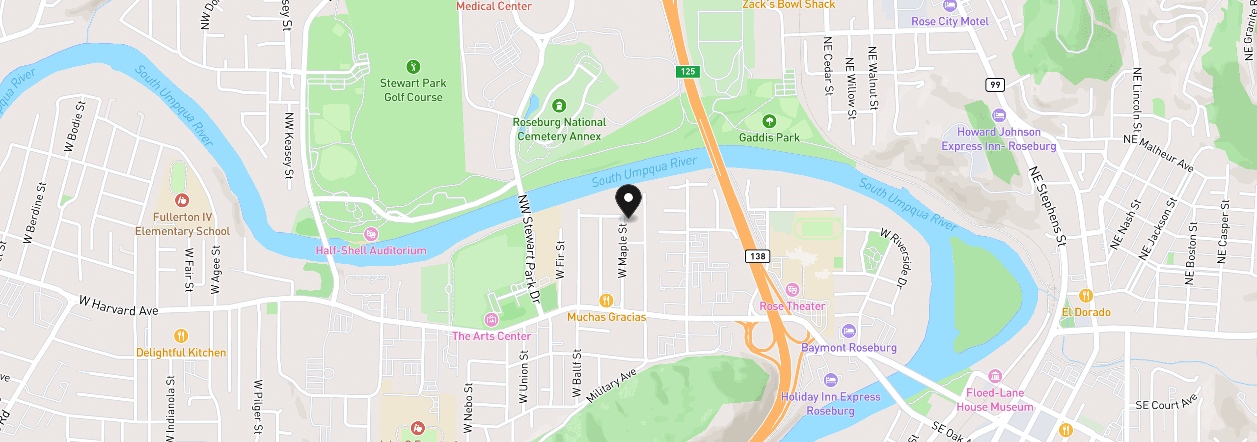 Map showing the location of 425 W Maple St, Roseburg, OR 97471