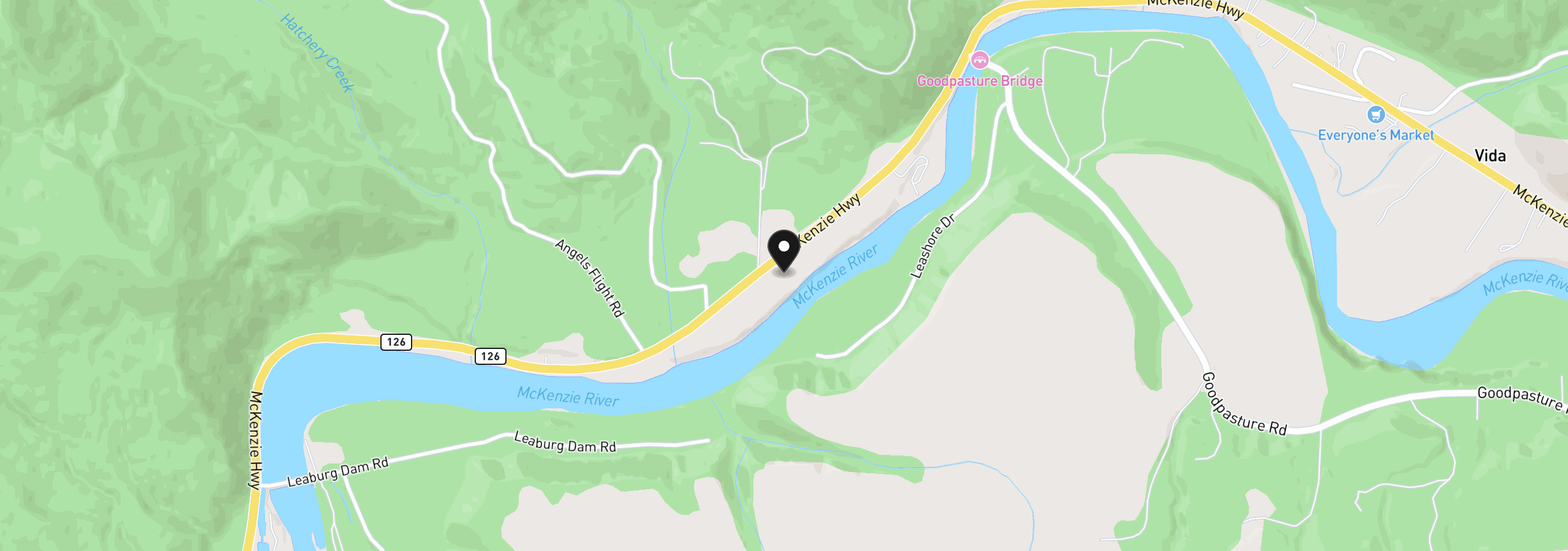 Map showing the location of 45060 McKenzie Hwy, Walterville, OR 97489