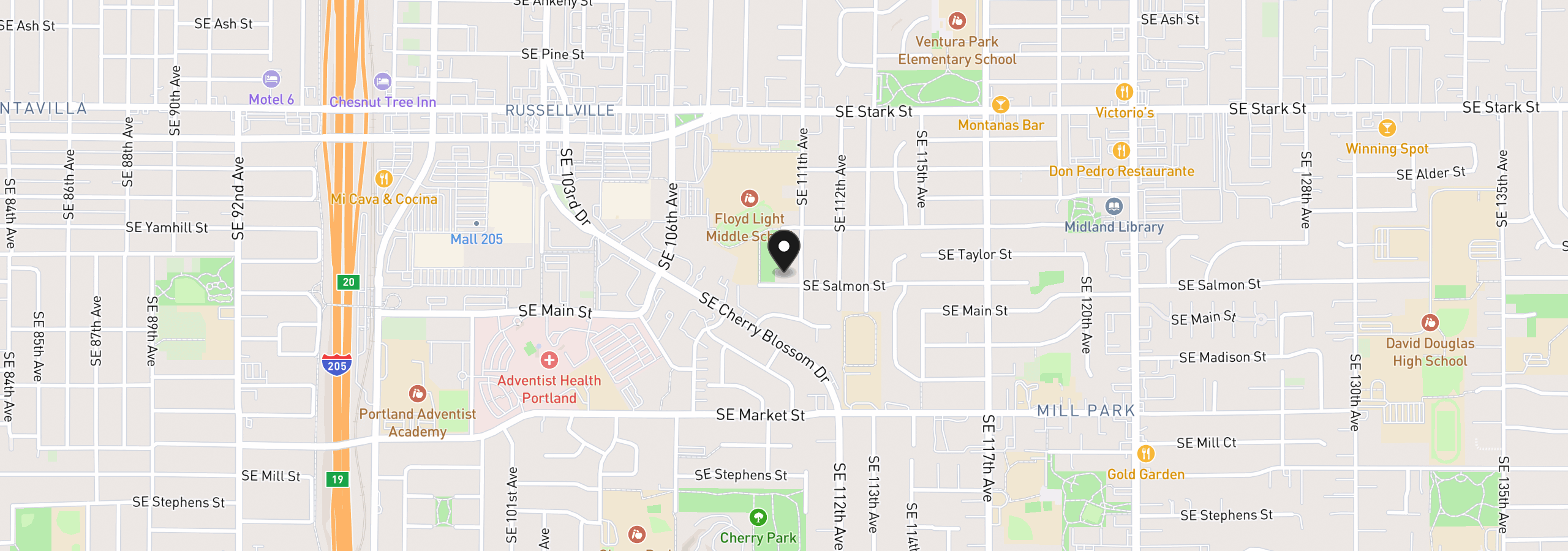 Map showing the location of 10953 SE Salmon St, Portland, OR 97216