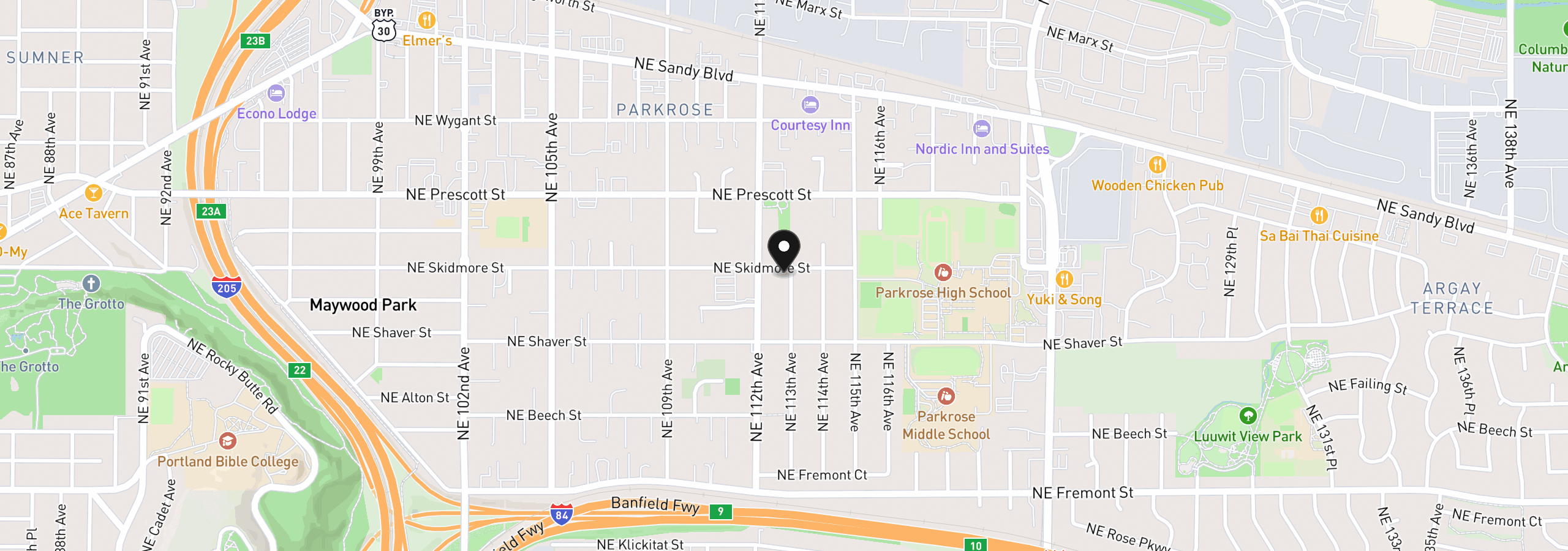 Map showing the location of 11244 NE Skidmore St, Portland, OR 97220