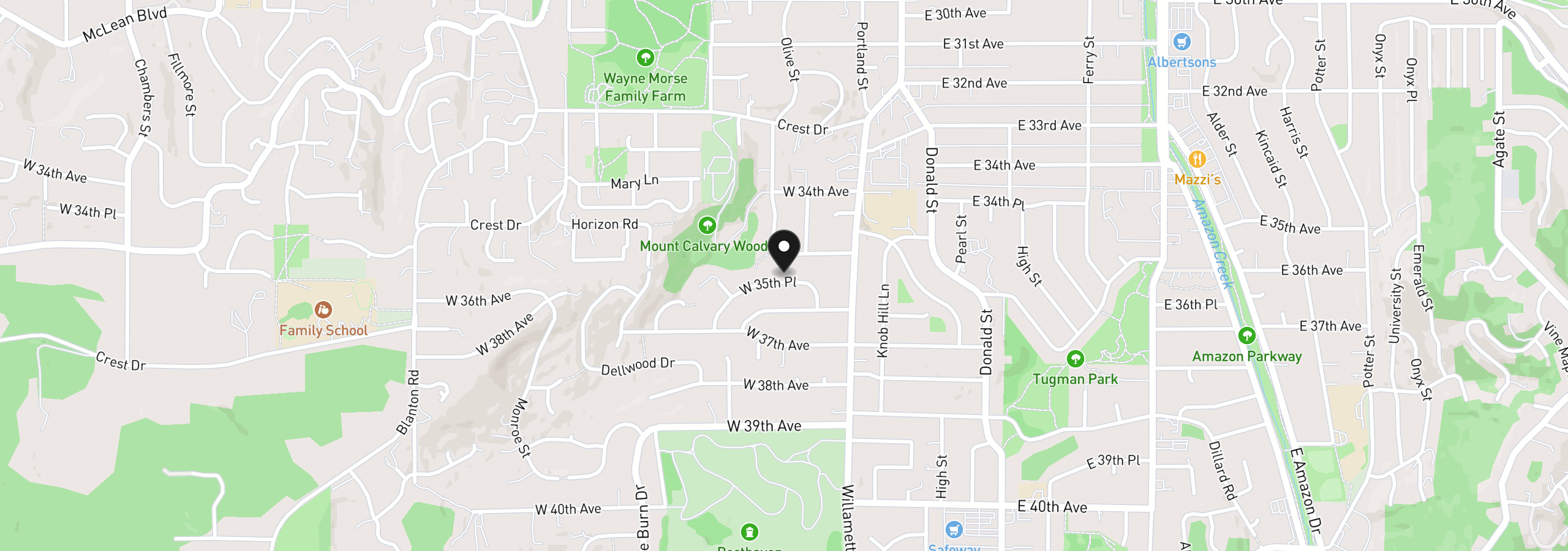 Map showing the location of 105 W 35th Pl, Eugene, OR 97405