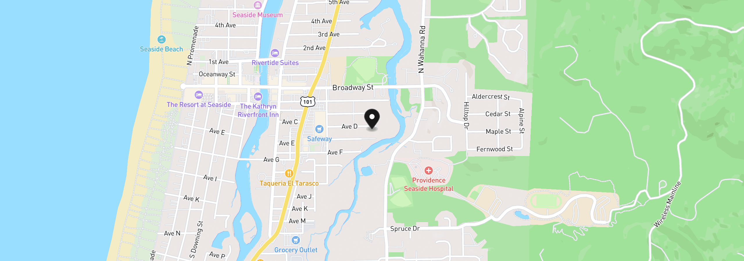 Map showing the location of 1265 Avenue, Seaside, OR 97138
