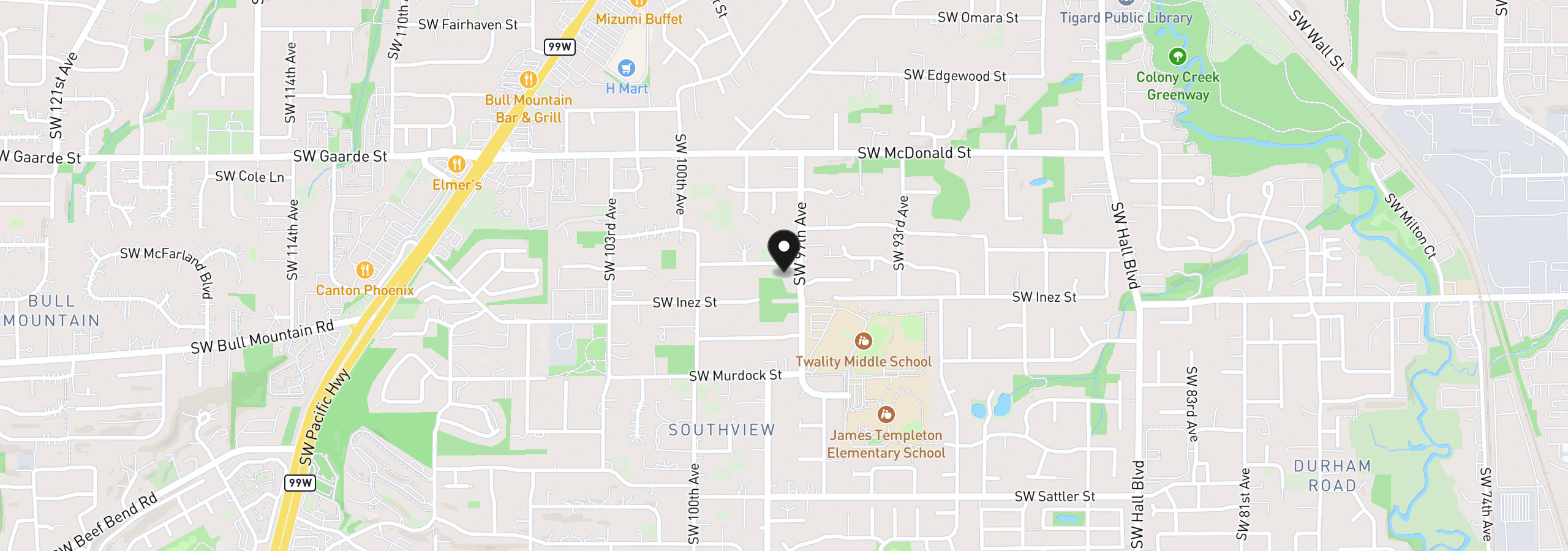 Map showing the location of 9744 SW View Ter, Tigard, OR 97224