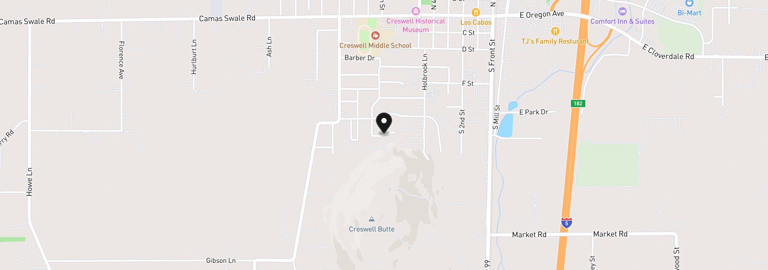 Map showing the location of 1 Queens Ave, Creswell, OR 97426
