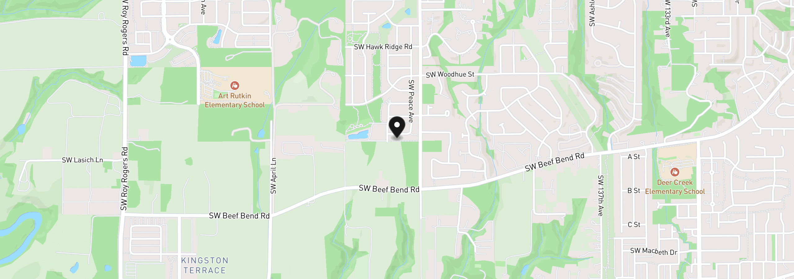 Map showing the location of 15966 SW Peace Ave, Tigard, OR 97224