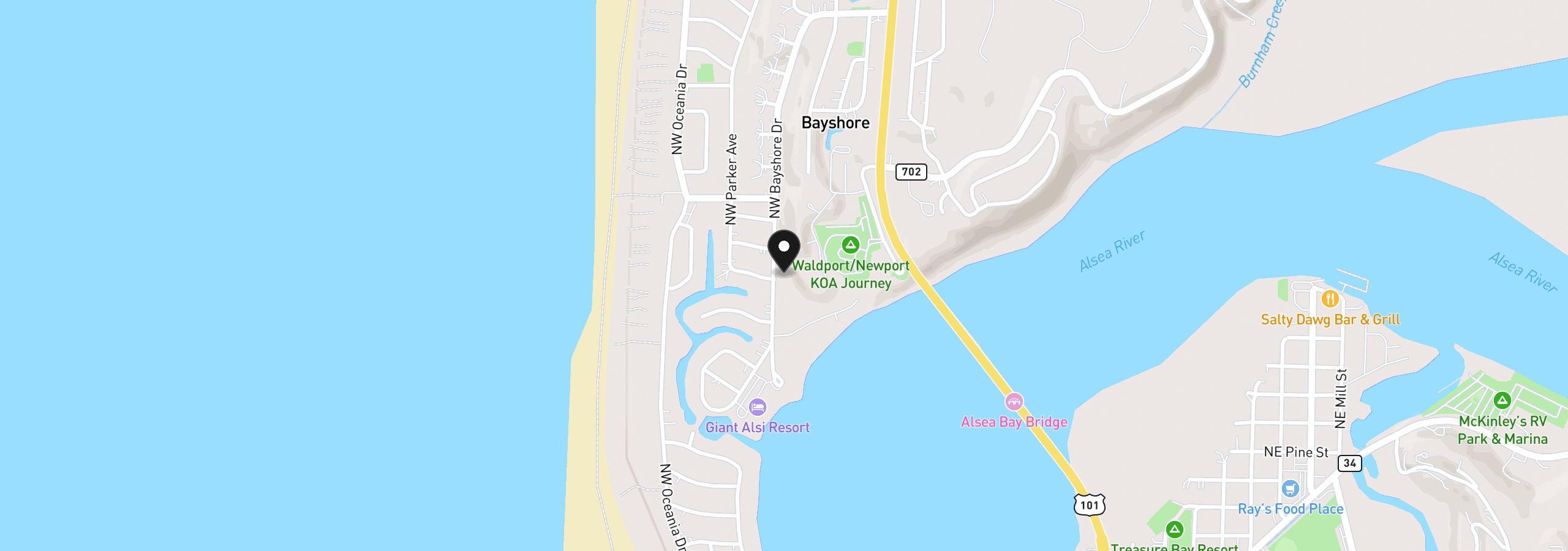 Map showing the location of 1201 NW Bayshore Dr, Waldport, OR 97394