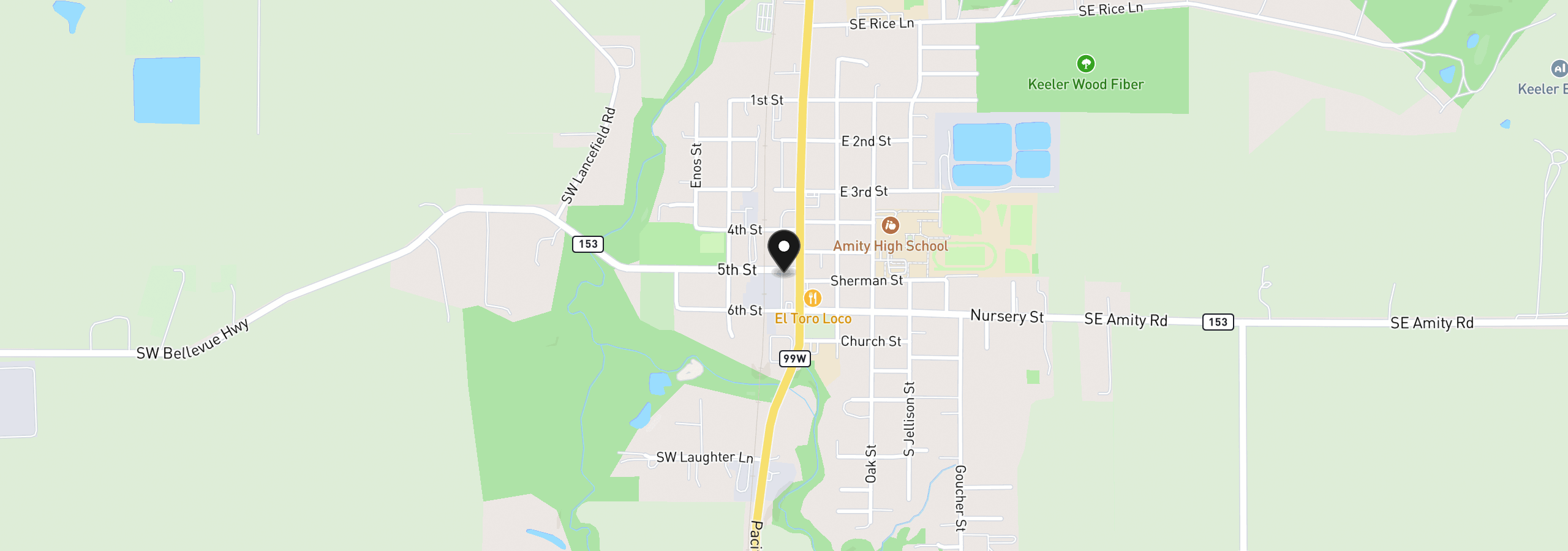 Map showing the location of 107 5th St, Amity, OR 97101