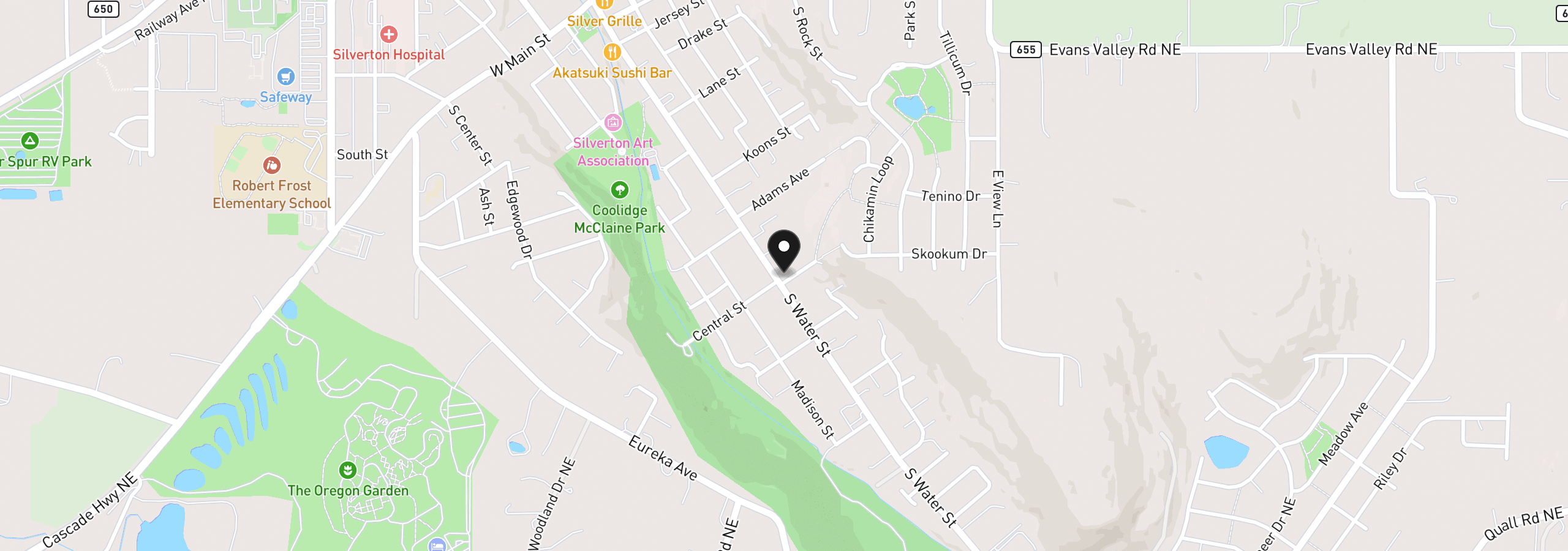 Map showing the location of 845 S Water St, Silverton, OR 97381