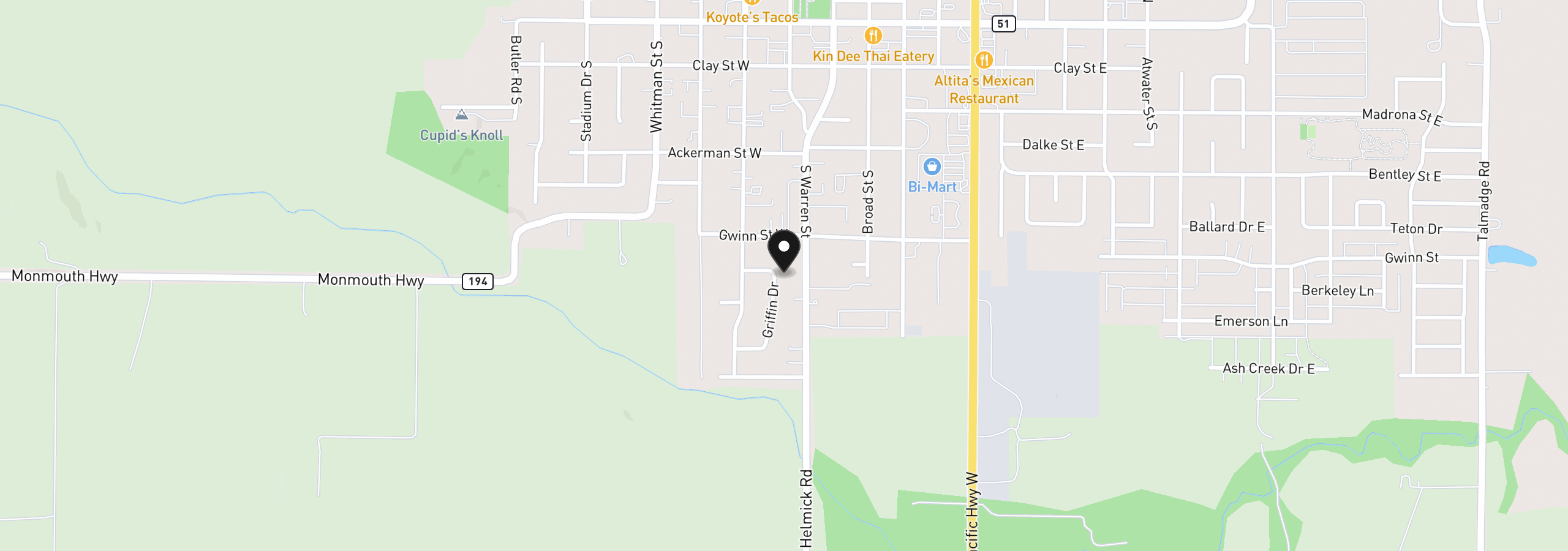 Map showing the location of 721 Griffin Dr, Monmouth, OR 97361
