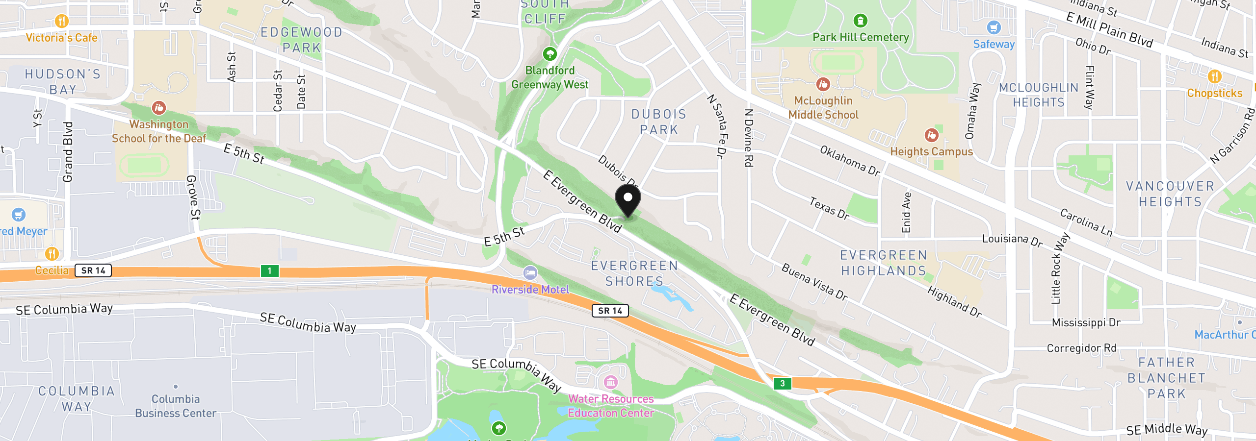 Map showing the location of 5050 E Evergreen Blvd, Vancouver, Wa 98661