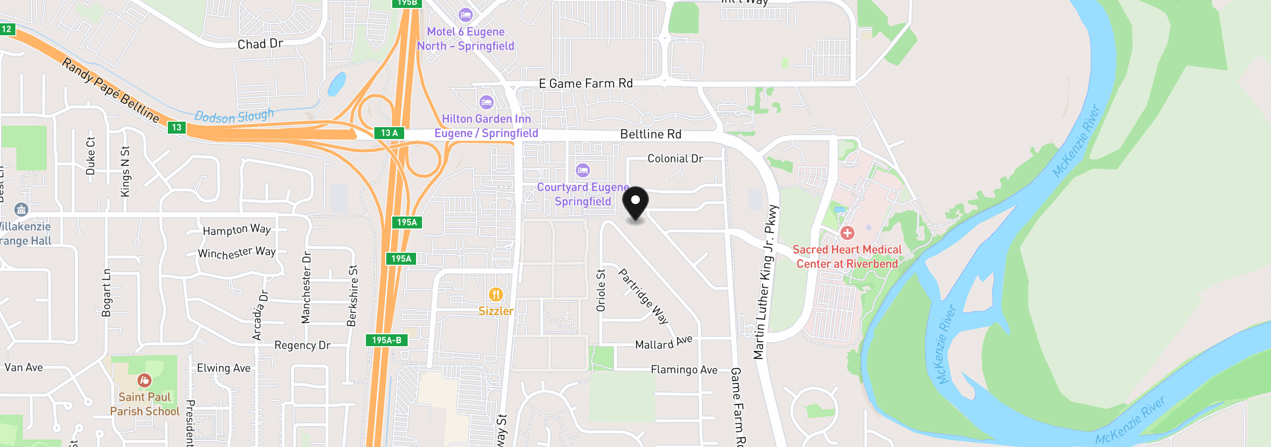 Map showing the location of Game Farm, Springfield, OR 97477