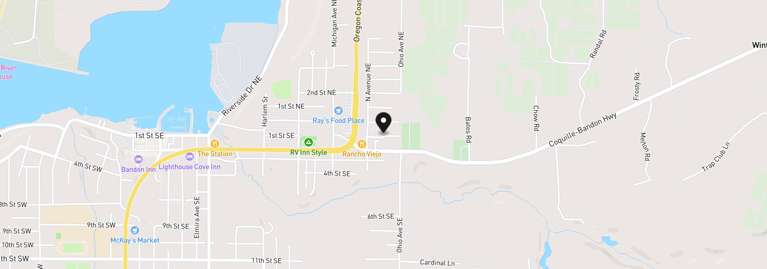 Map showing the location of 00 1st St SE, Bandon, OR 97411