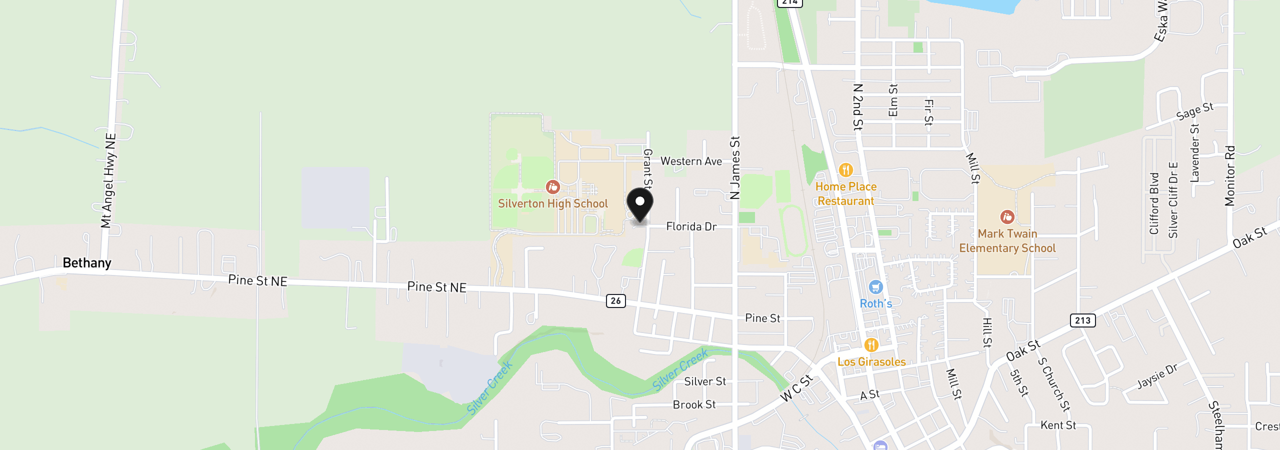 Map showing the location of 433 Grant St, Silverton, OR 97381