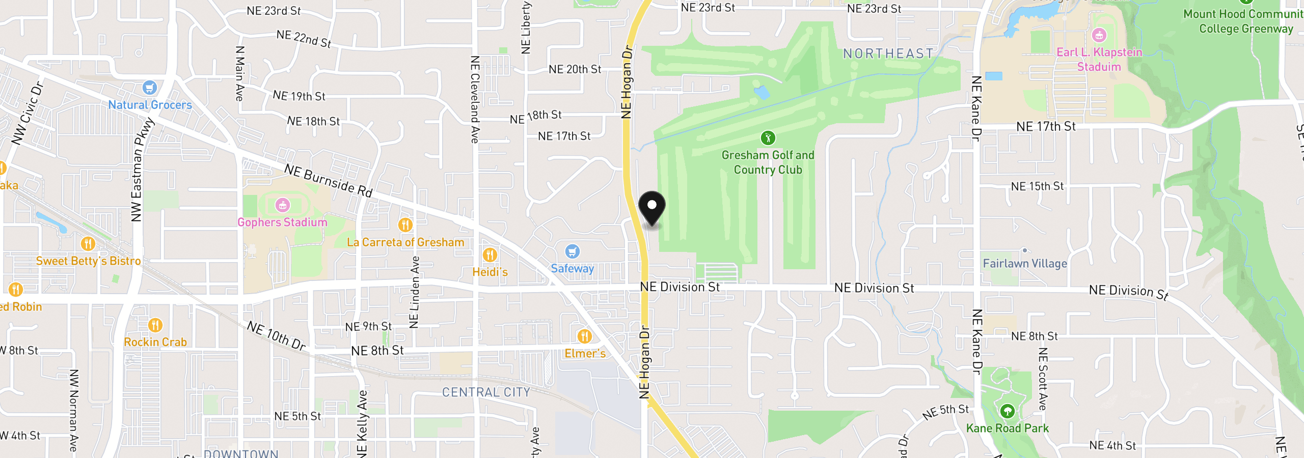 Map showing the location of 1304 NE Hogan Dr, Gresham, OR 97030