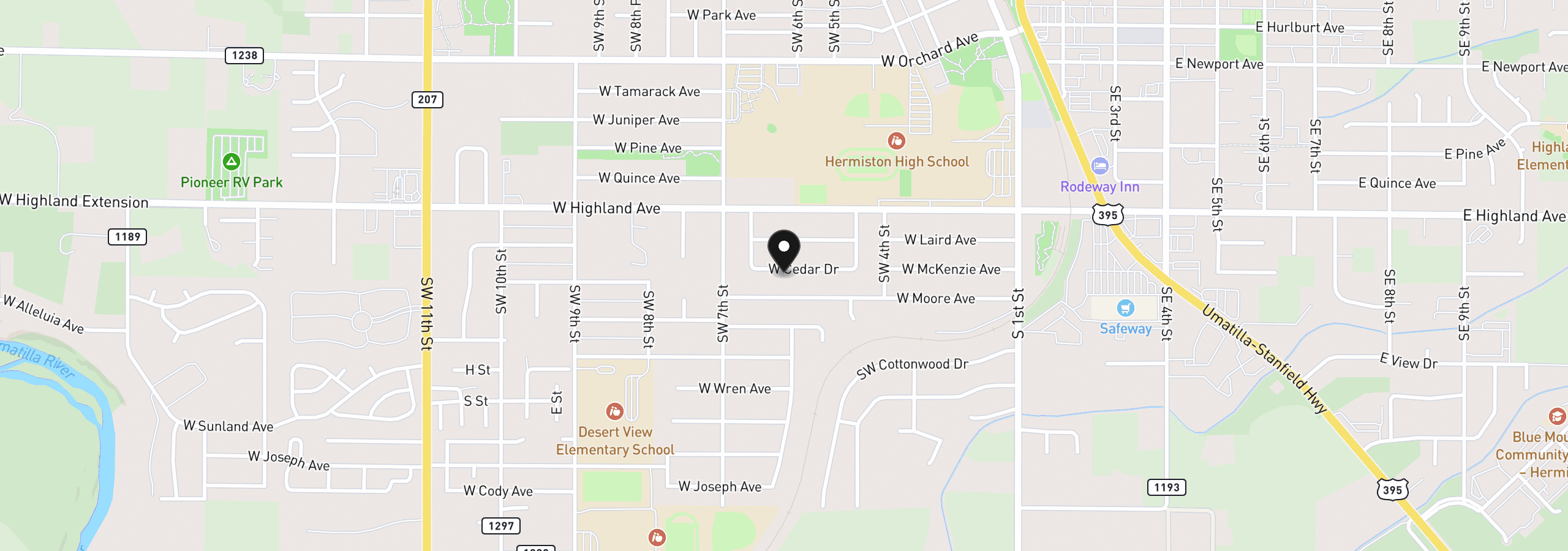 Map showing the location of 29 W Cedar Dr, Hermiston, OR 97838